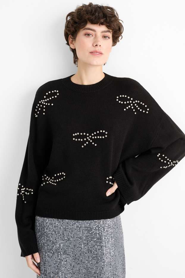 Women - Jumper with rhinestones - black