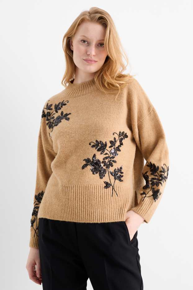 Damen - Pullover mit Stehkragen - Glanz-Effekt - geblümt - beige