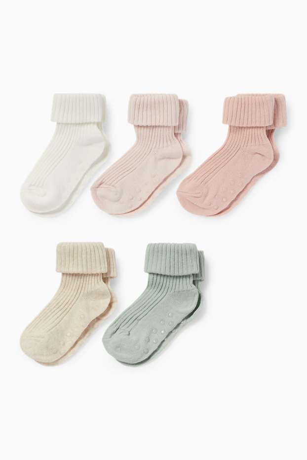 Neonate - Confezione da 5 - calze antiscivolo per neonati - a coste - beige
