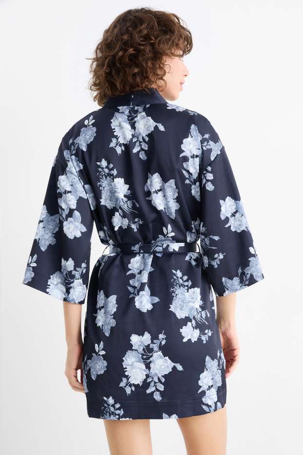 Femmes - Kimono de satin - à fleurs - bleu foncé