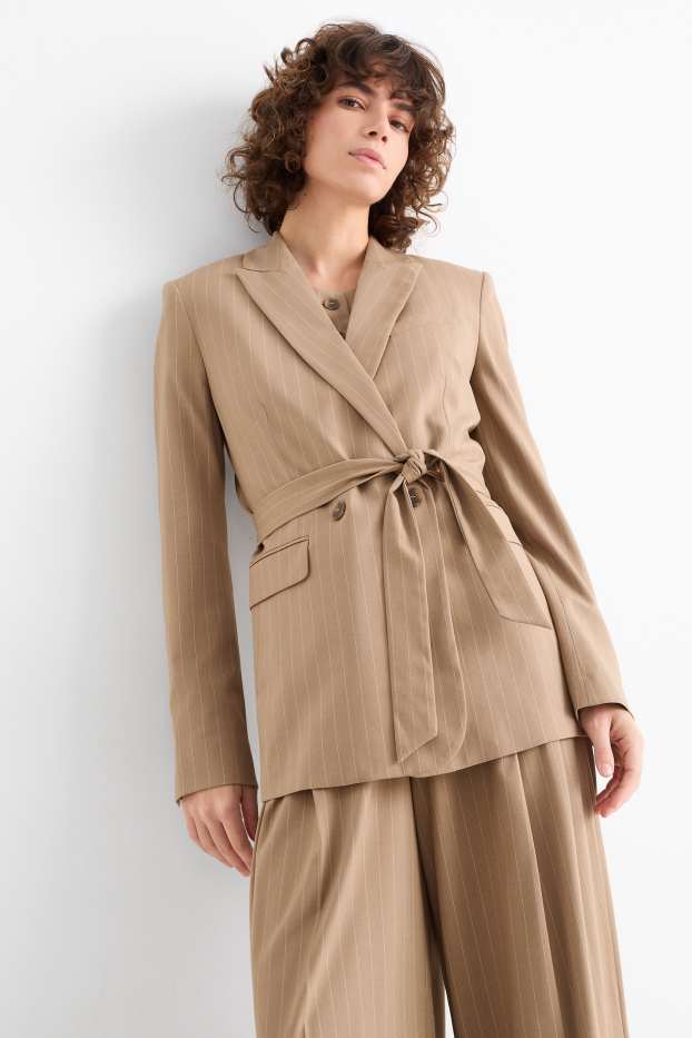 Femmes - Blazer long - regular fit - fines rayures - beige