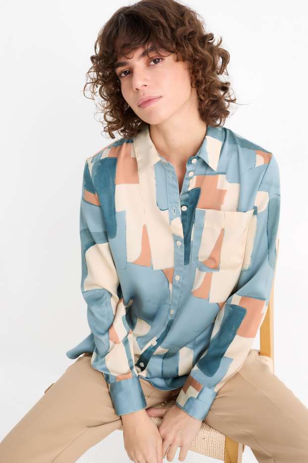 Mujer - Blusa de raso - estampada - beis