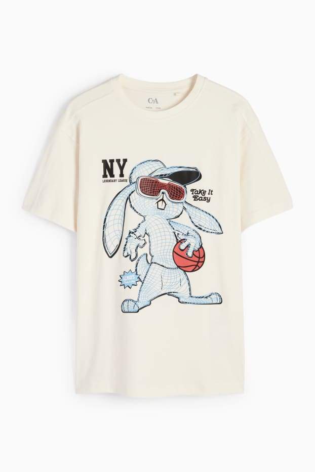 Copii - Băieți - Iepure cu minge de baschet - tricou cu mânecă scurtă - alb-crem