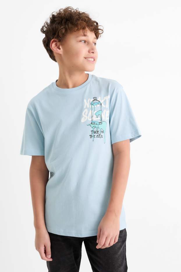 Kinder Buben - Multipack 3er - Graffiti - Kurzarmshirt - braun / blau