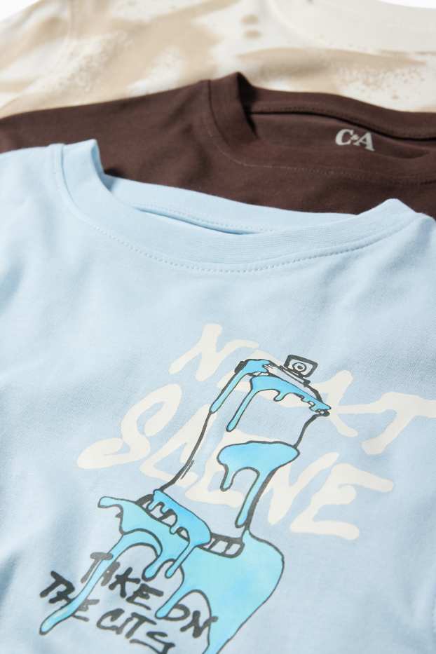 Kinder Buben - Multipack 3er - Graffiti - Kurzarmshirt - braun / blau