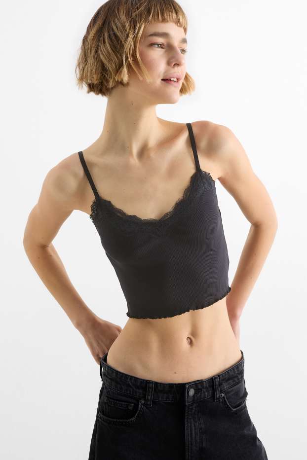 Women - Cropped top - ribbed - black