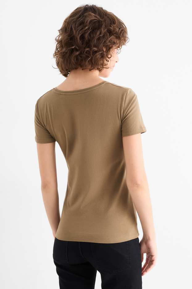 Kobiety - T-shirt z wycięciem V - slim fit - kaki
