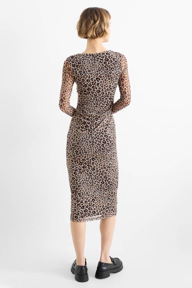 Femmes - Robe en maille-filet - imprimé léopard - noir / beige