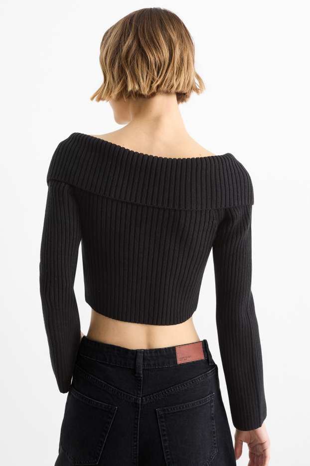 Femmes - Gilet de maille court - côtelé - noir