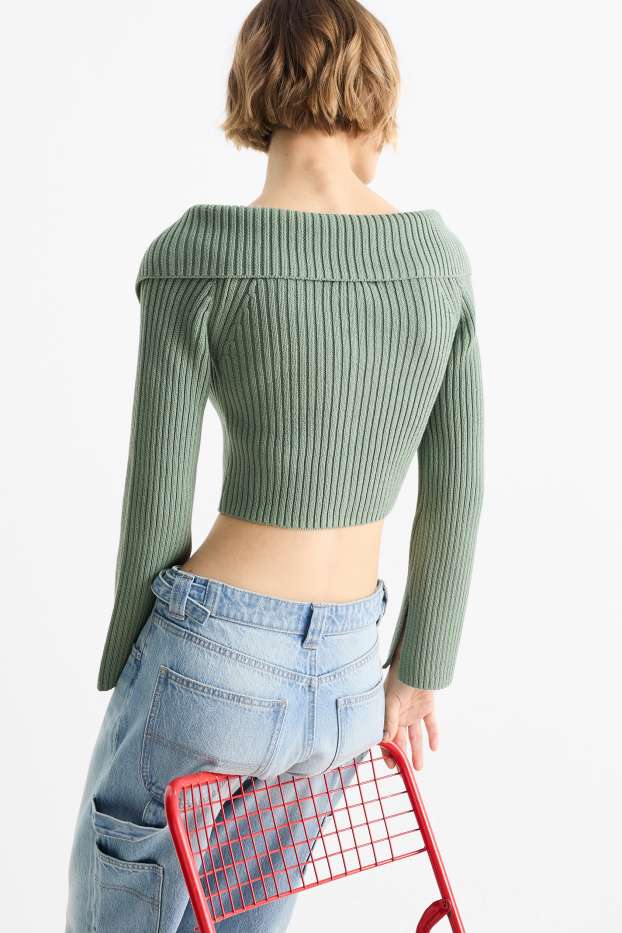 Dames - Kort gebreid vest - geribd - groen