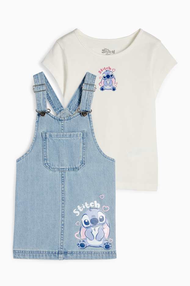 Děti - dívky - Lilo & Stitch - souprava - tričko s krátkým rukávem a džínové šaty s laclem - džíny - světle modré