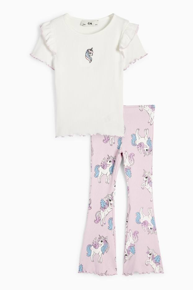 Bambine - Unicorno - set - maglia a maniche corte e leggings svasati - a coste - bianco crema