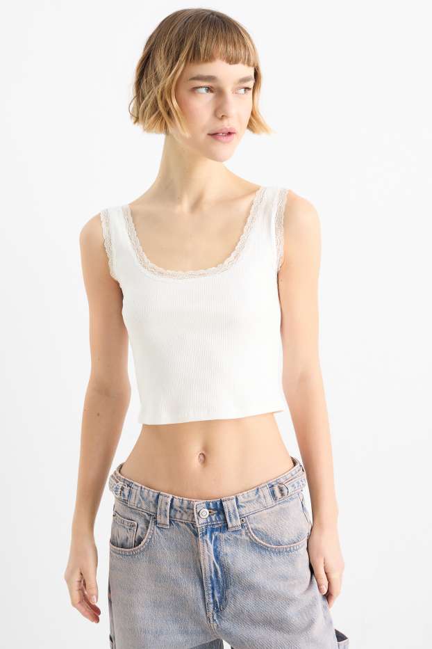 Dames - Korte top - geribd - wit