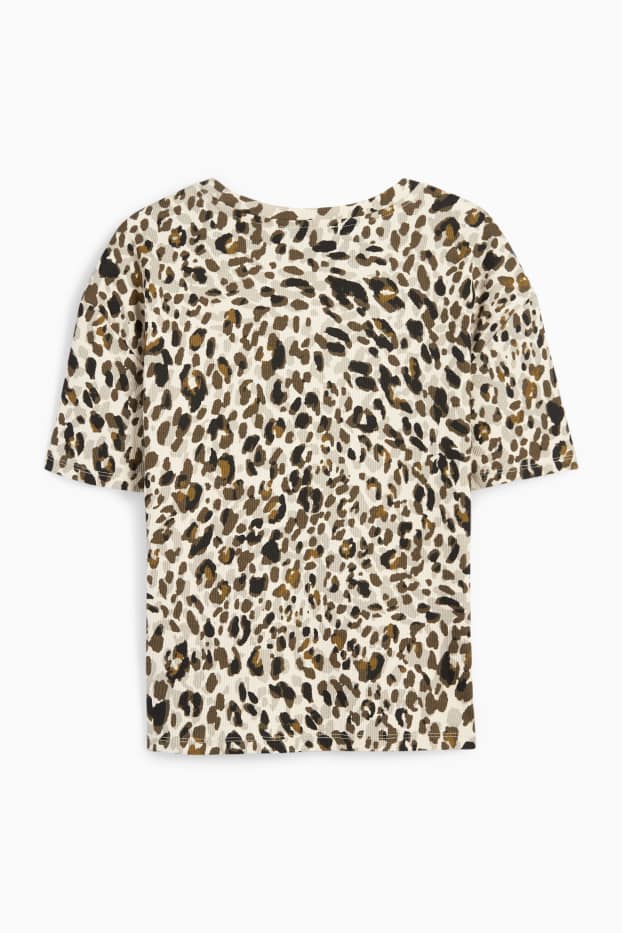 Dámské - Tričko - žebrované - leopardí vzor - světle béžová