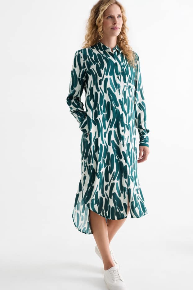Damen - Viskose-Blusenkleid - gemustert - dunkelgrün