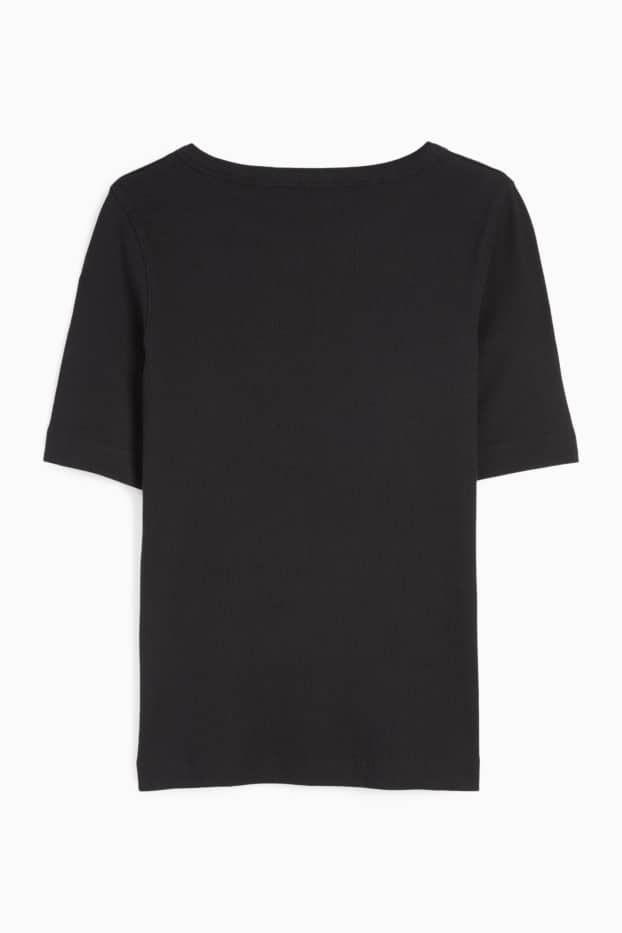 Dona - Samarreta bàsica de màniga curta - slim fit - acanalada - negre