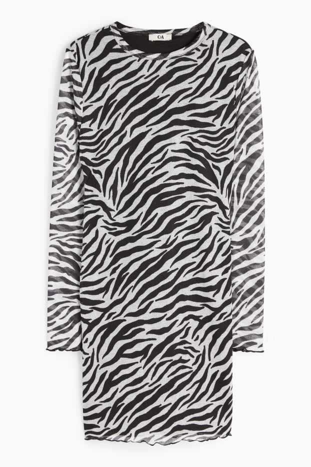 Damen - Mesh-Kleid - gemustert - weiss / schwarz