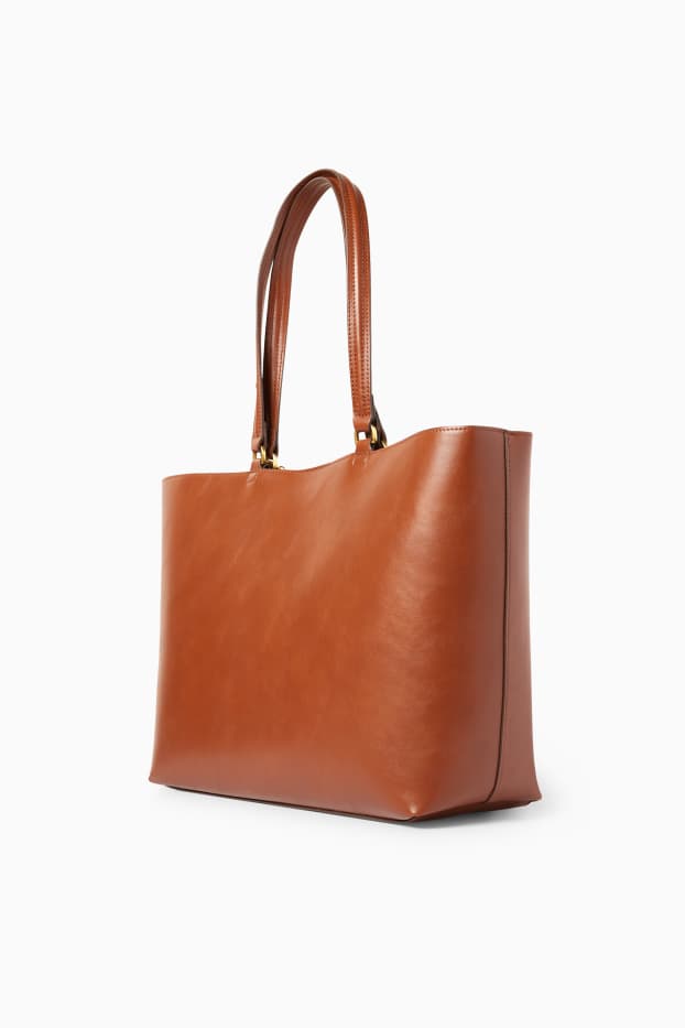 Women - Set - large shopper and card holder - faux leather - brown