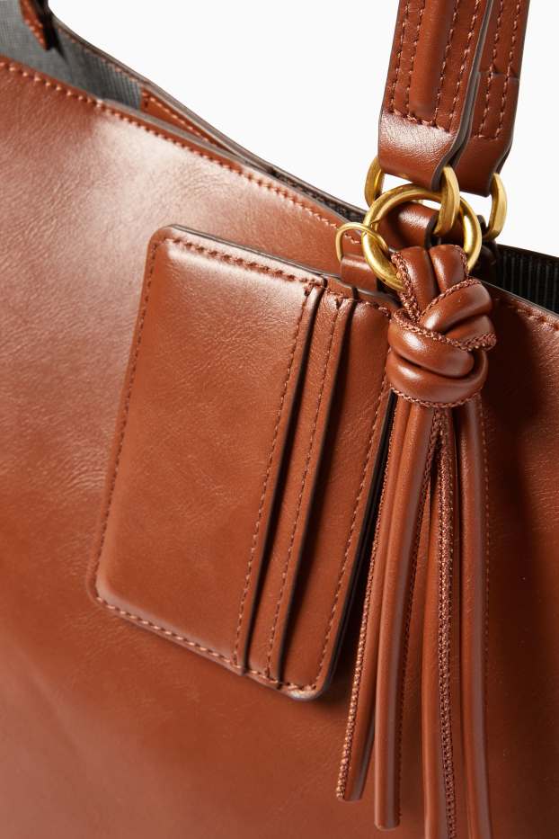 Women - Set - large shopper and card holder - faux leather - brown