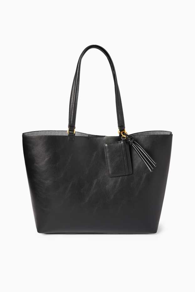 Dámské - Souprava - velká kabelka shopper a pouzdro na karty - imitace kůže - černá