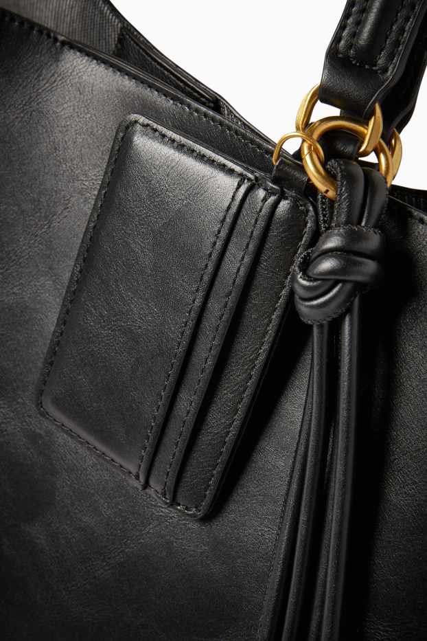 Dámské - Souprava - velká kabelka shopper a pouzdro na karty - imitace kůže - černá