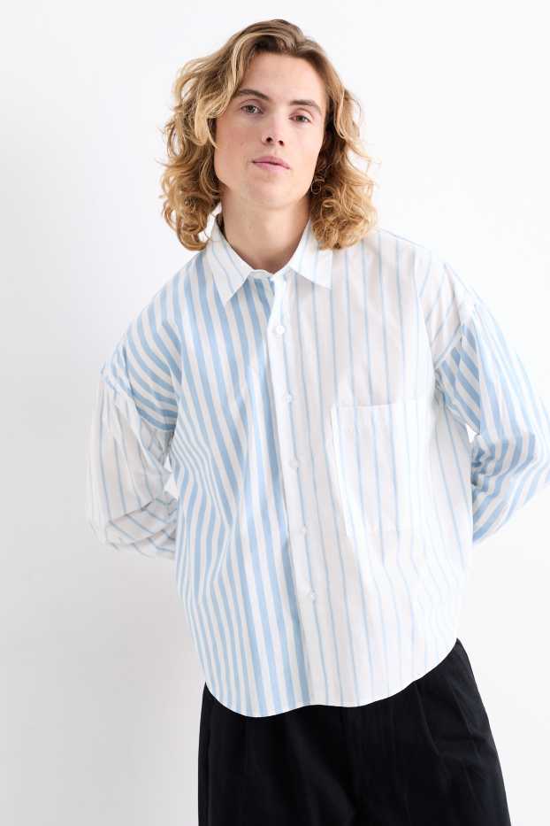 Uomo - Camicia - relaxed fit - collo all'italiana - a righe - bianco / azzurro