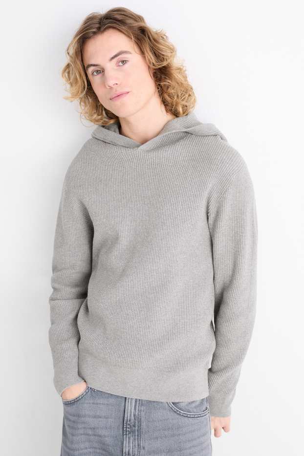 Uomo - Maglione con cappuccio - tessuto tramato - grigio