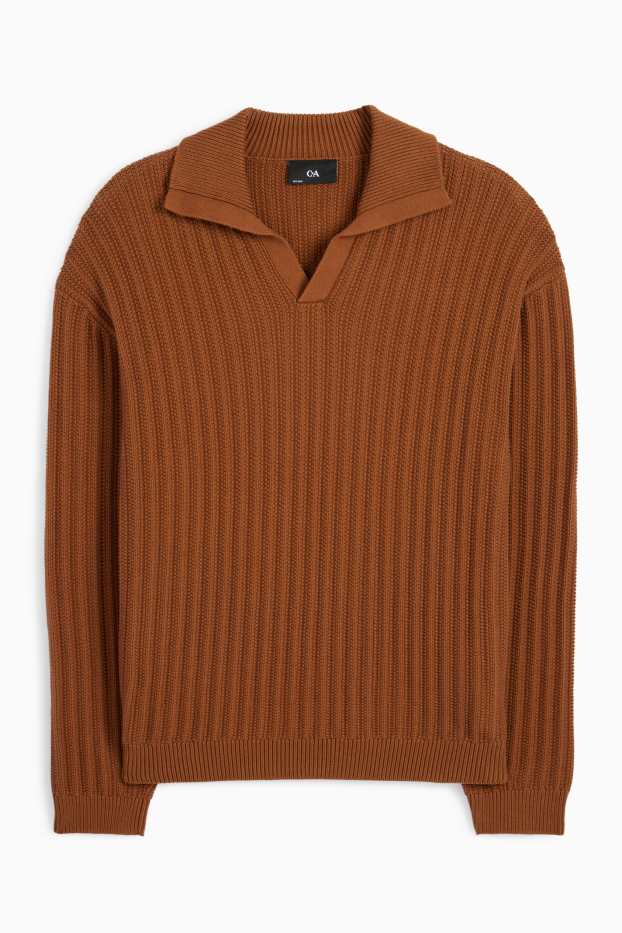 Uomo - Maglione scollo a V - a coste - marrone