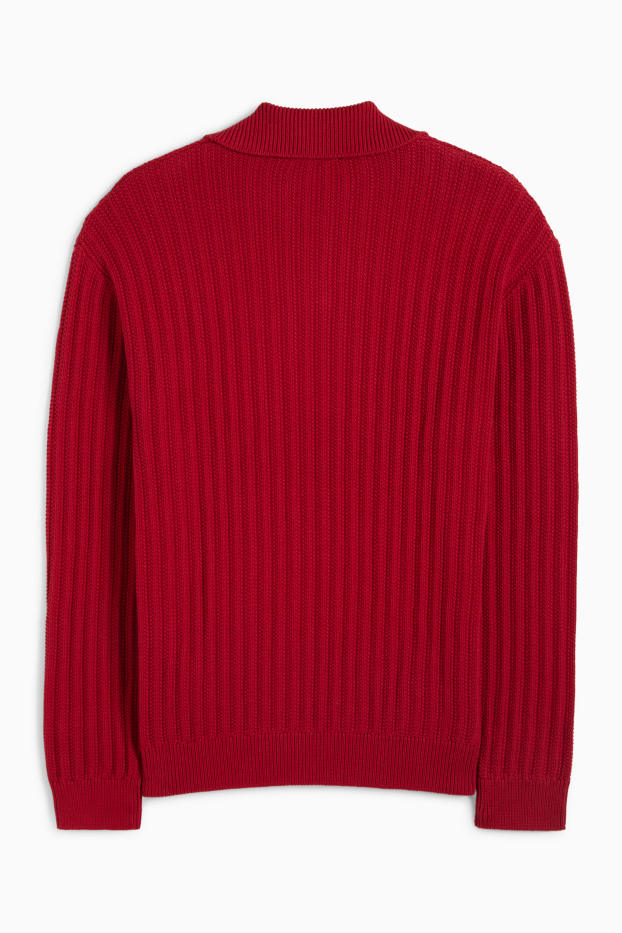 Hommes - Pull à col V - côtelé - rouge foncé