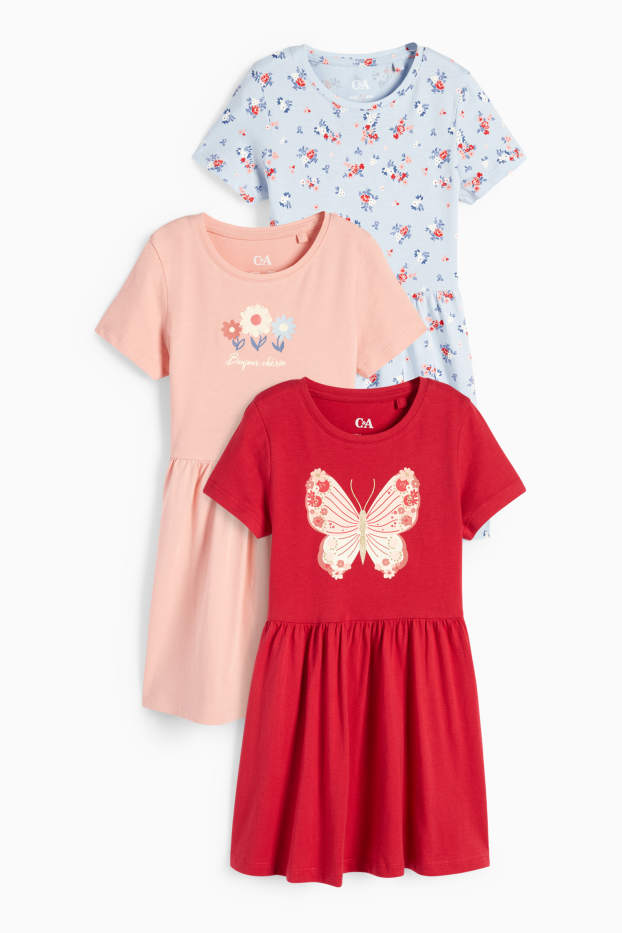 Kinder Mädchen - Multipack 3er - Blume und Schmetterling - Kleid - rot