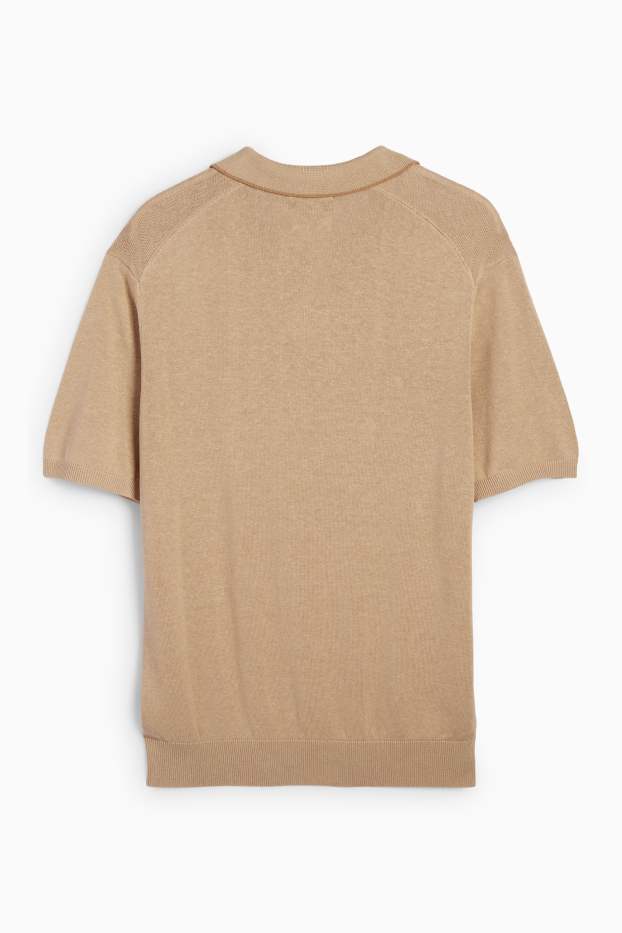 Pánské - Pletená polokošile s lněným podílem - regular fit - taupe
