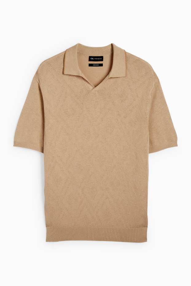 Pánské - Pletená polokošile s lněným podílem - regular fit - taupe