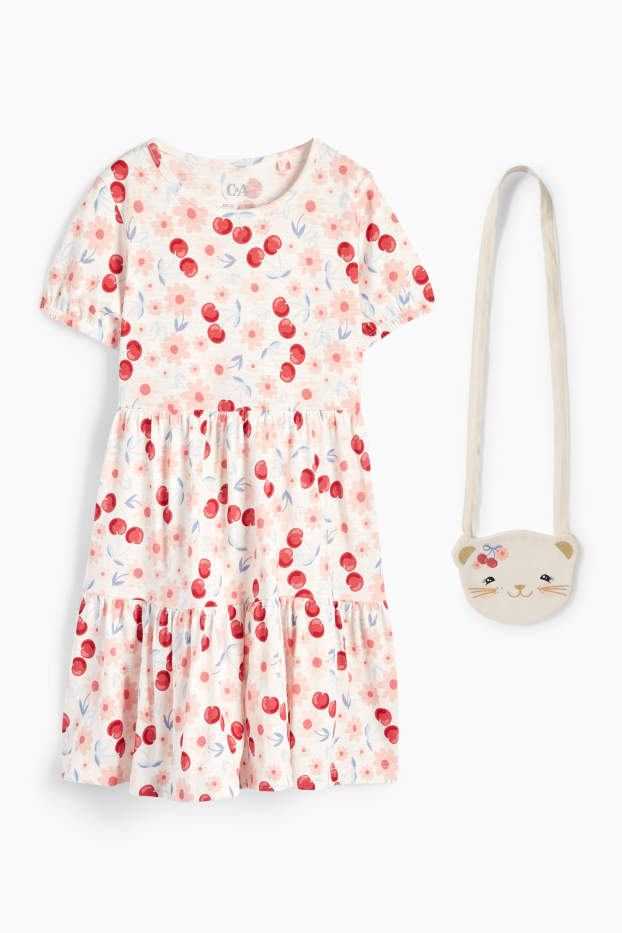 Enfants filles - Cerise et chat - ensemble - robe et sac - 2 pièces - blanc crème