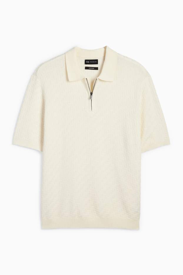 Herren - Strick-Poloshirt mit Leinen-Anteil - Regular Fit - cremeweiß