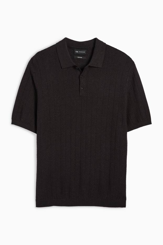 Herren - Strick-Poloshirt mit Leinen-Anteil - Regular Fit - schwarz