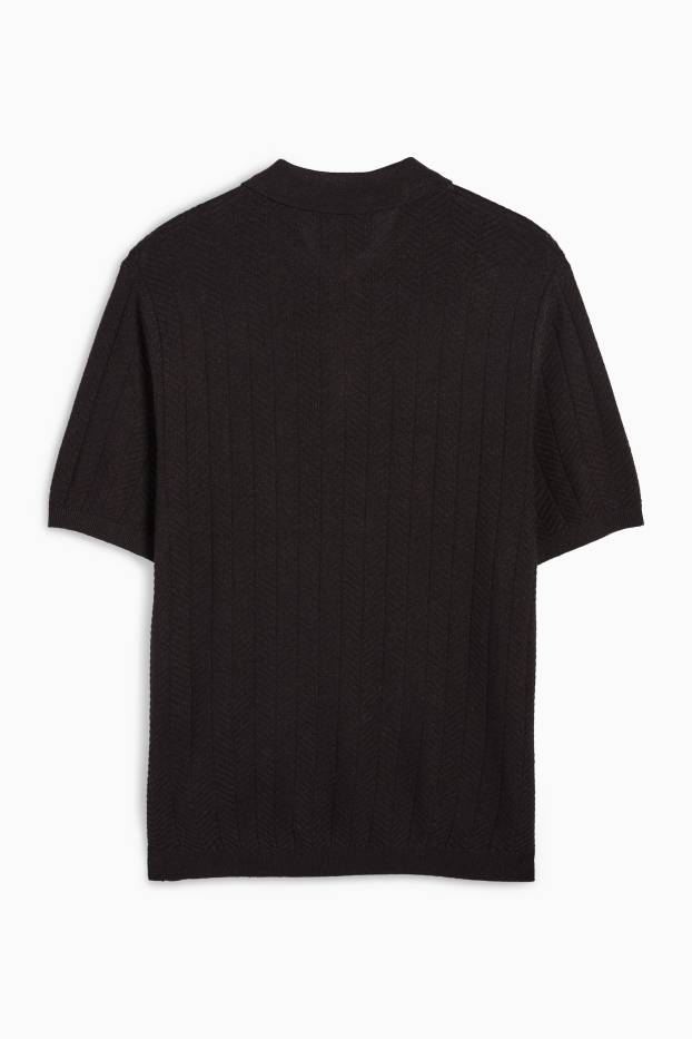 Herren - Strick-Poloshirt mit Leinen-Anteil - Regular Fit - schwarz