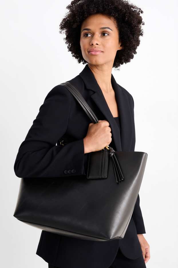 Dámské - Souprava - velká kabelka shopper a pouzdro na karty - imitace kůže - černá