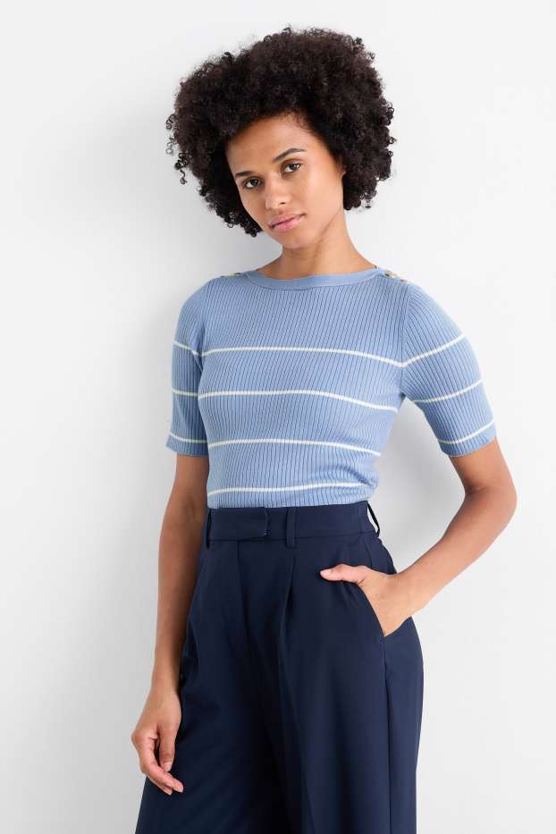 Femmes - Pull - finition côtelée - à rayures - bleu clair