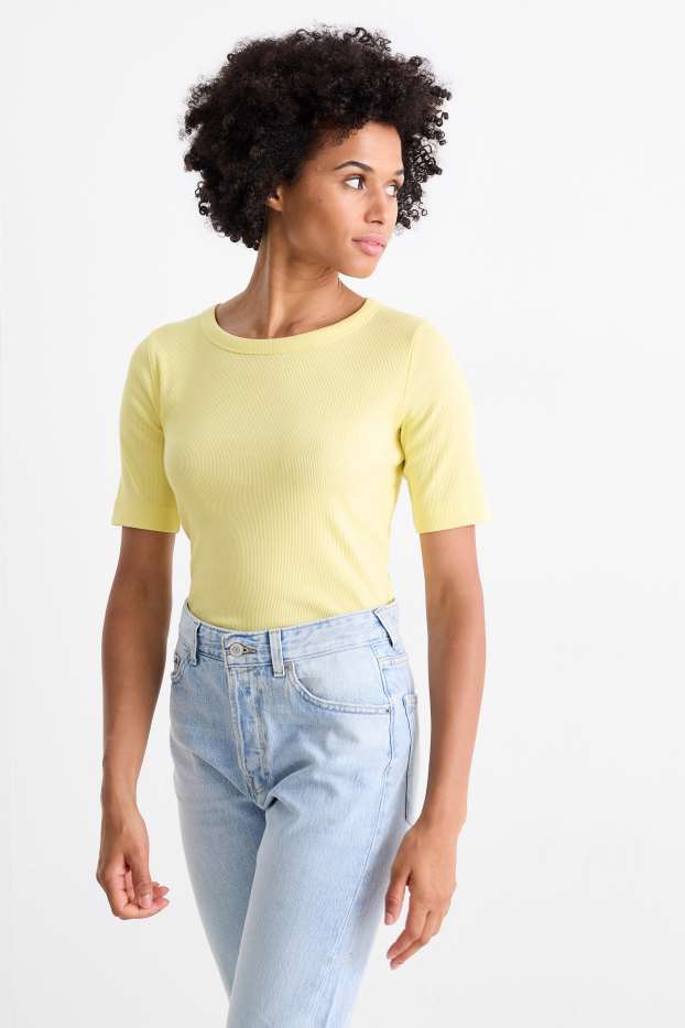Dona - Samarreta bàsica de màniga curta - slim fit - acanalada - groc