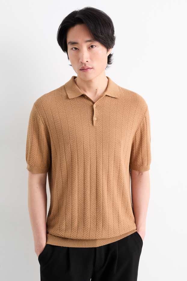 Herren - Strick-Poloshirt mit Leinen-Anteil - Regular Fit - taupe