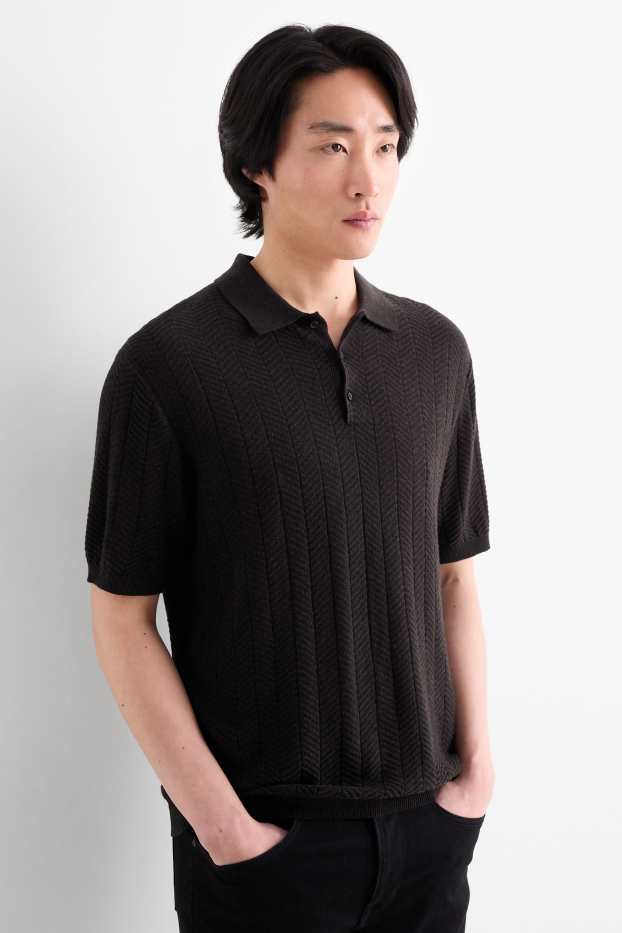 Herren - Strick-Poloshirt mit Leinen-Anteil - Regular Fit - schwarz