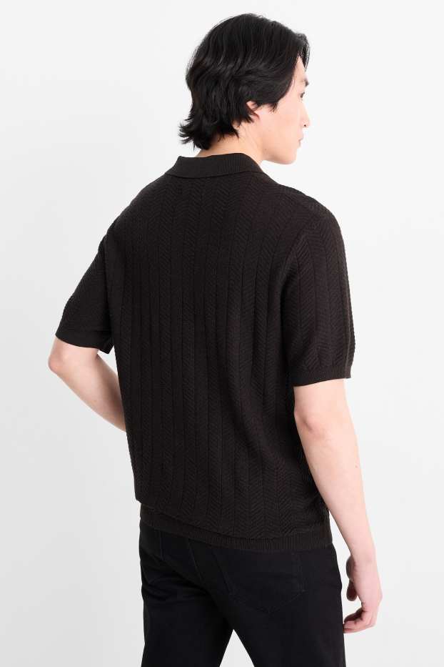 Herren - Strick-Poloshirt mit Leinen-Anteil - Regular Fit - schwarz