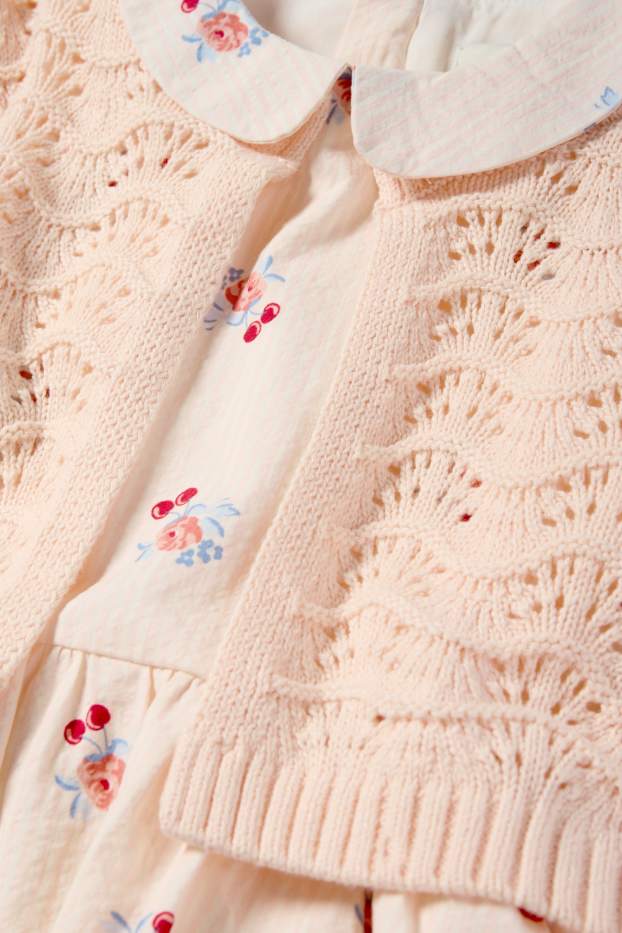 Enfants filles - Fleur et cerise - ensemble - gilet en maille et robe - 2 pièces - bleu  / vert foncé