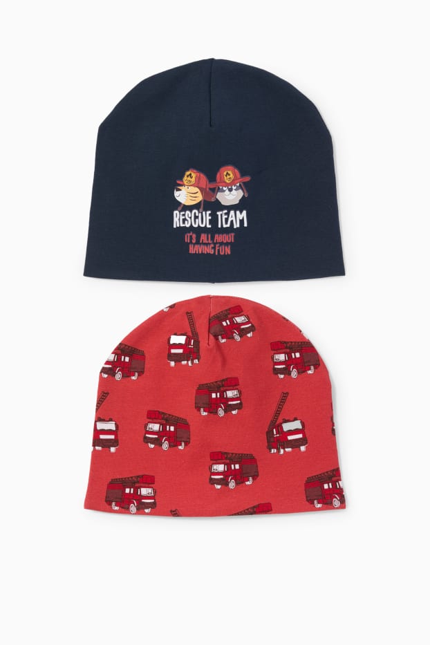 Enfants garçons - Lot de 2 - pompiers - bonnets ronds - rouge / bleu