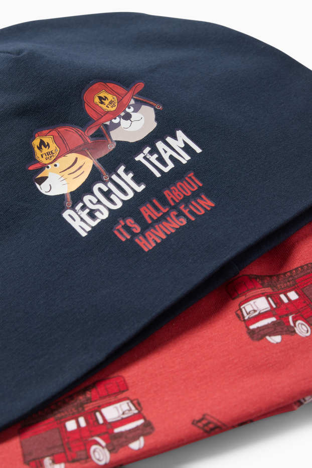 Enfants garçons - Lot de 2 - pompiers - bonnets ronds - rouge / bleu