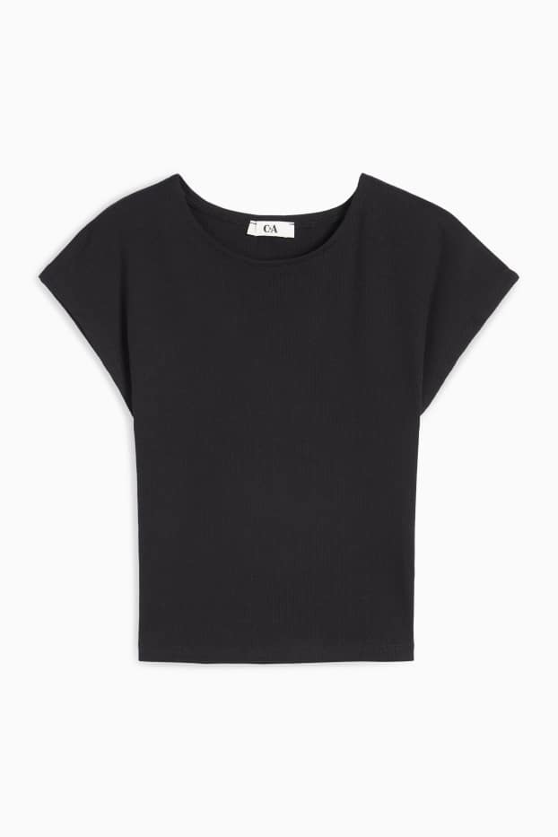 Women - Cropped T-shirt - ribbed - black