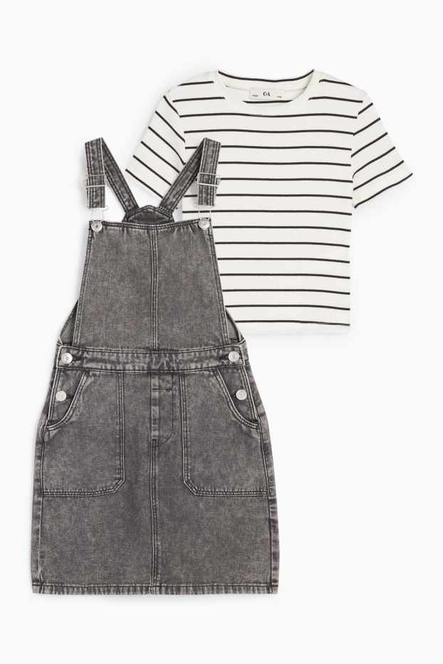 Copii - Fete - Set - tricou cu mânecă scurtă și rochie-salopetă din denim - 2 piese - denim-gri închis