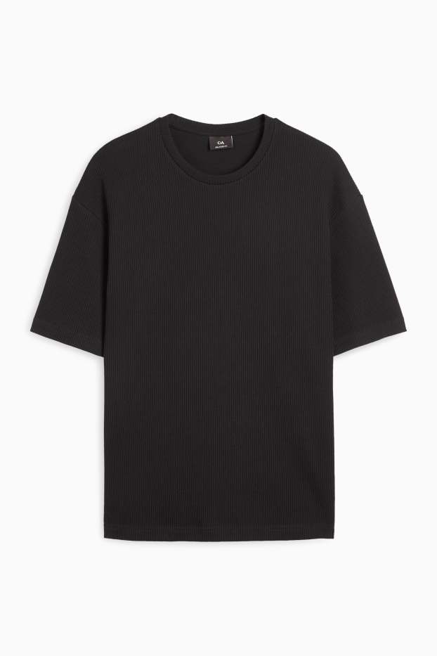 Pánské - Tričko - relaxed fit - žebrované - černá