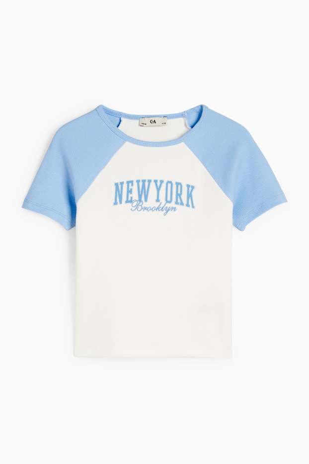 Kinder Mädchen - New York - Kurzarmshirt - gerippt - weiss / hellblau