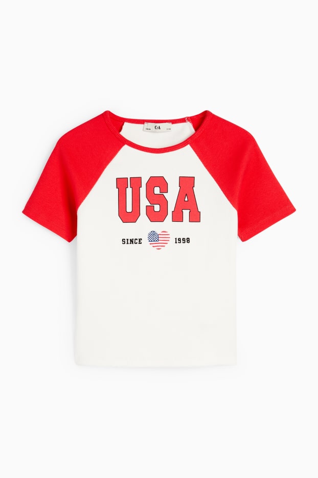 Kinder Mädchen - USA - Kurzarmshirt - gerippt - weiß / rot